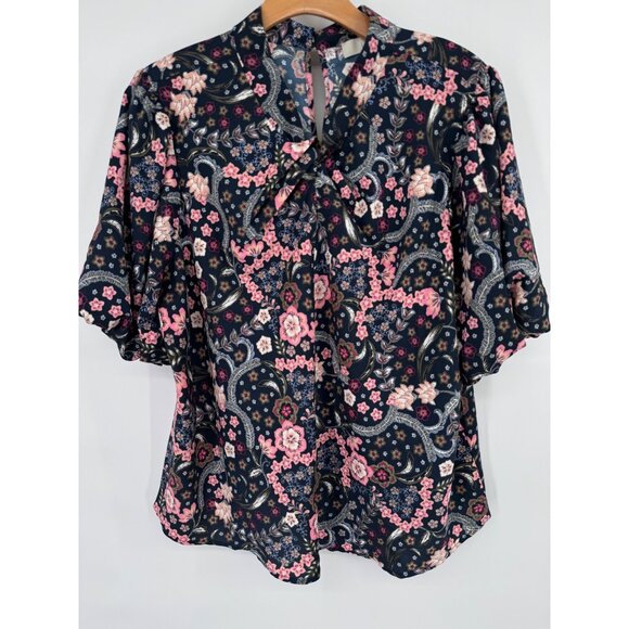 LOFT Bloom Twist Bubble Sleeve Blouse Short Sleeves size XL womens floral - Picture 7 of 11